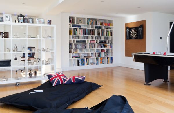 Cozy nook in a modern family room in London highlighted using Union Jack cusions