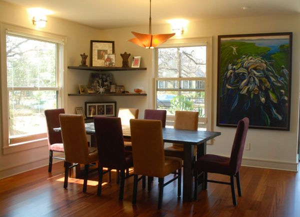 Creative corner shelves add additional display space to this dining area