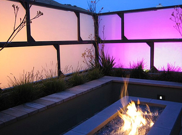 Creative lighting and a fire pit on a contemporary patio