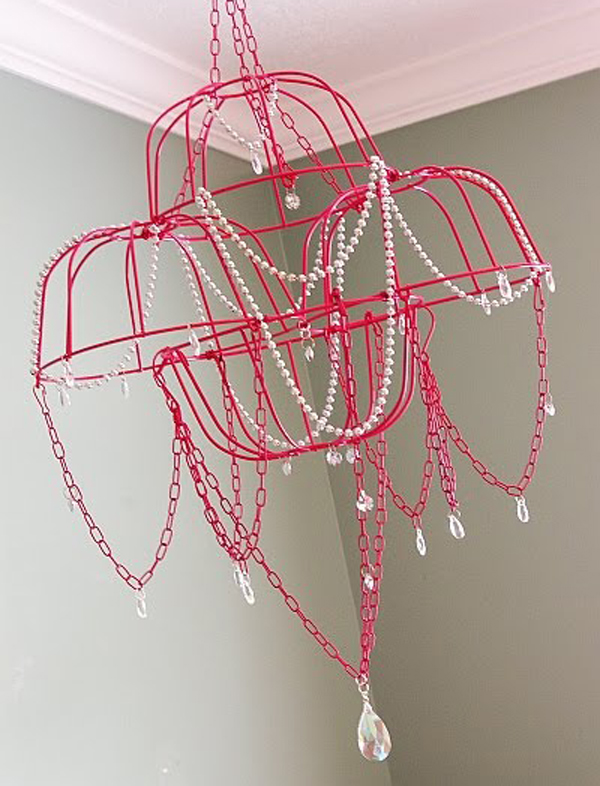 DIY hot pink and pearl chandelier