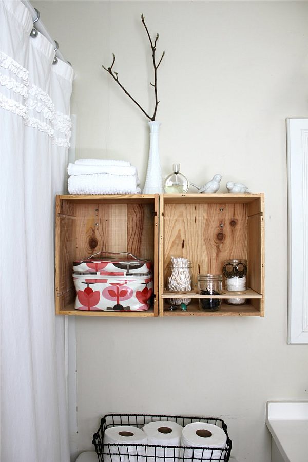 DIY wine crate holders in the bathroom