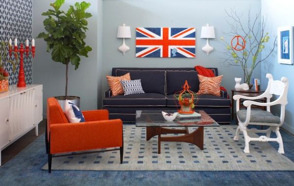 Eclectic living room sports a retro style with strong British flavor