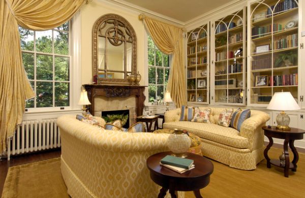 Elegant living room with eloborate bookshelves that blend in beautifully