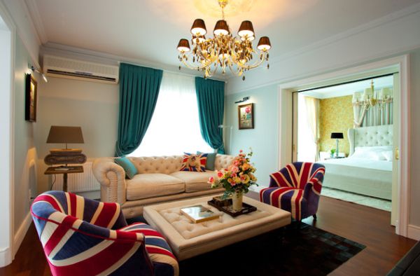 Elegant traditional living room with a couple of Union Jack sporting chairs