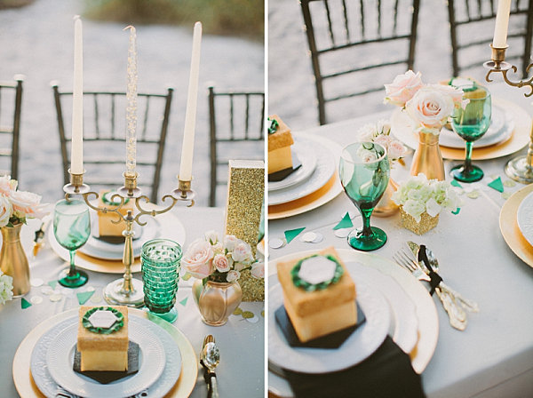 Emerald green and gold accents at an engagement party