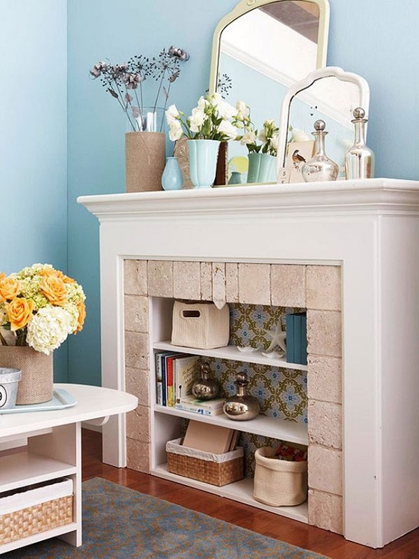 Fireplace converted into bookshelf DIY