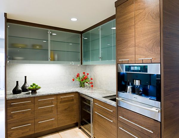 Frosted glass cabinets leave a bit mystery thanks to the translucent look