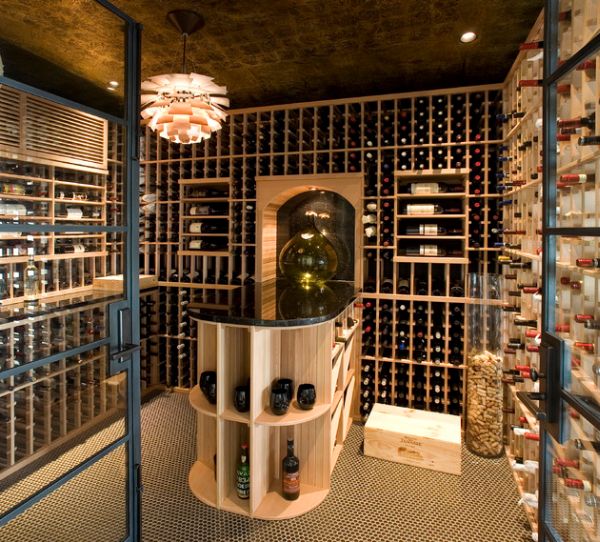 Glass vases and a chandelier make lovely additions to the wine cellar