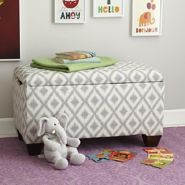 Grey and white upholstered storage bench