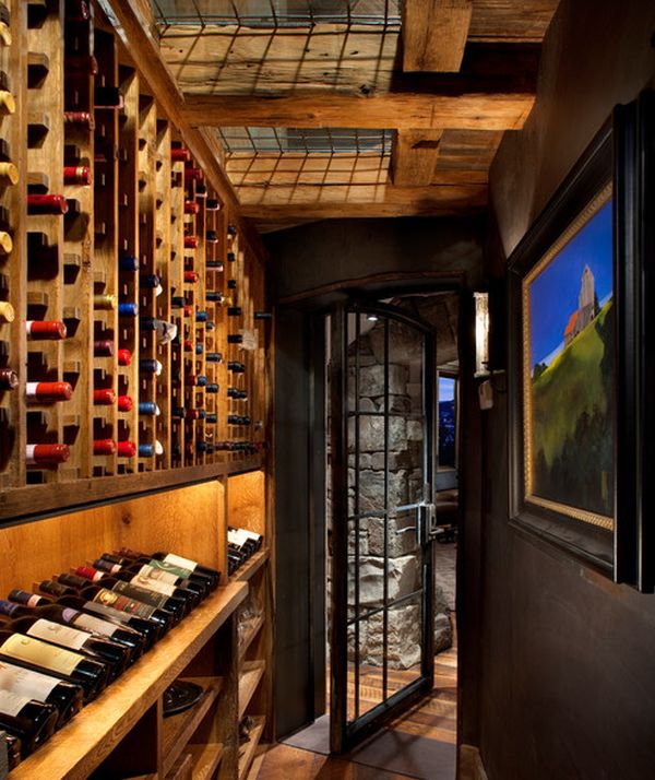 Interesting wine cellar with skylights and wall art