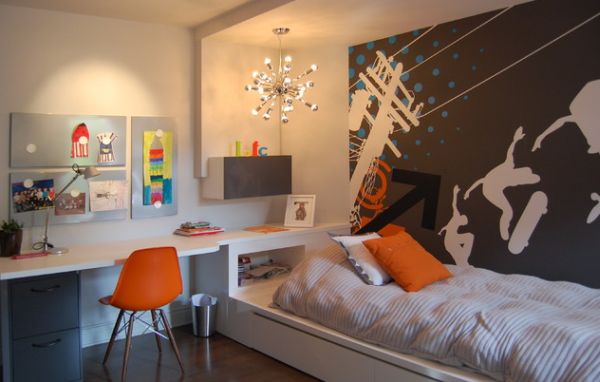 Kids' bedroom with a sleek desk and lovely wall decal