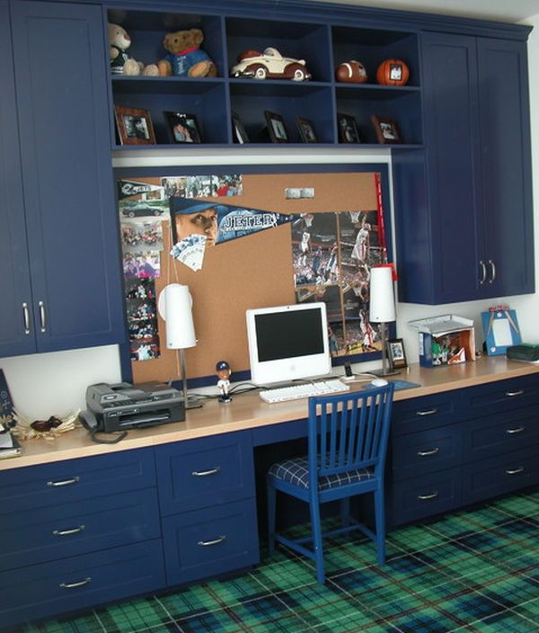 Kids' study in dark blue with ample storage space