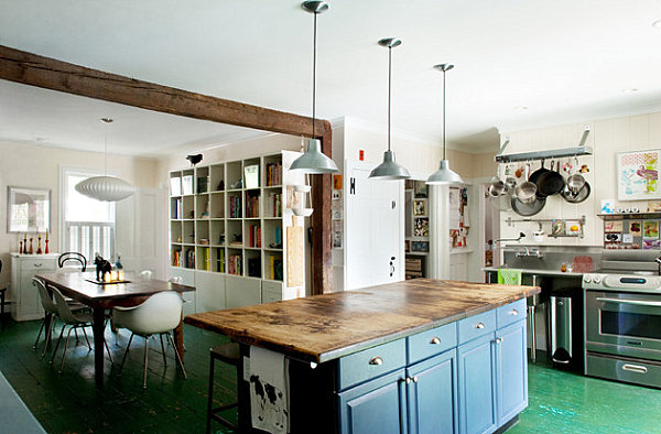 Kitchen with weathered green floors