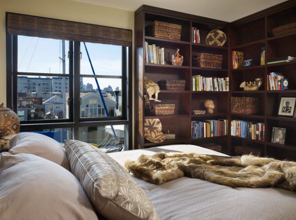 L-shaped bookshelves make an effective addition to the modern bedroom