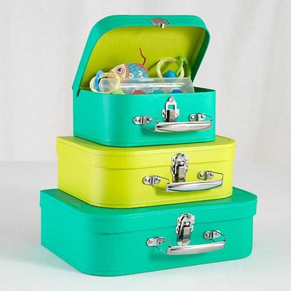 Lime green and turquoise suitcase storage