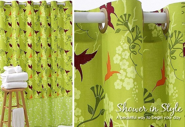 Lime green bird print fabric shower curtain DIY