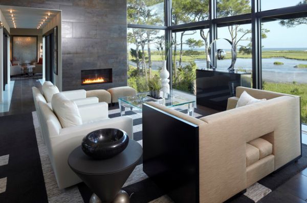 Linear fireplace enclosed in glass ideal for a contemporary setting