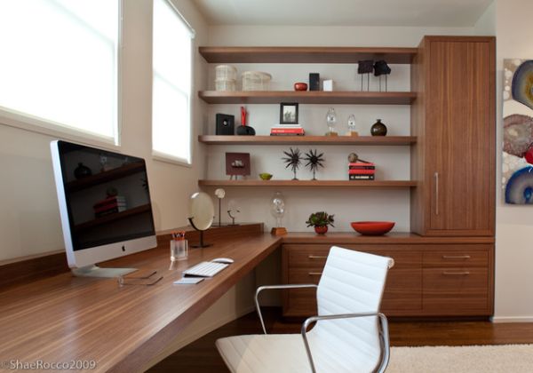 Modern home office with corner shelves that make a beautiful display