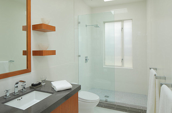 Modern ledge shelving in a small bathroom