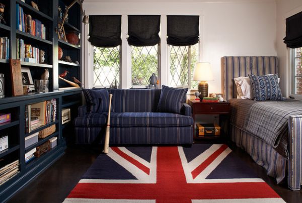 Organized kids' room in dark blue with a Union Jack rug that stands out