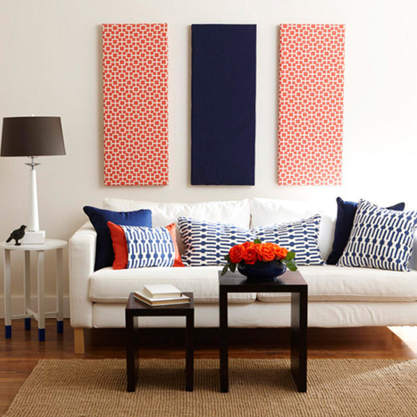 Patterned navy blue and red fabric panel wall art