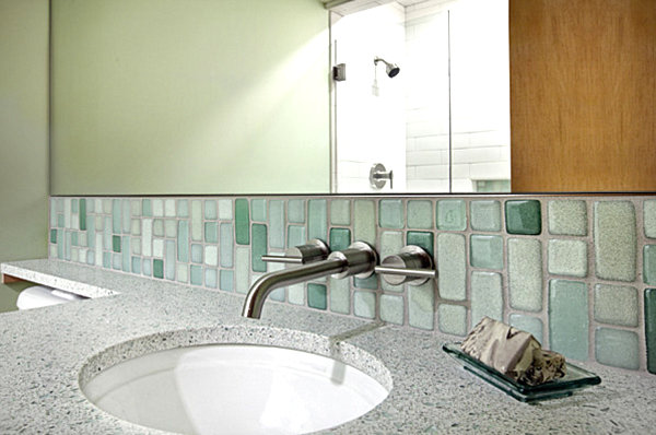 Recycled glass tiles in a modern bathroom