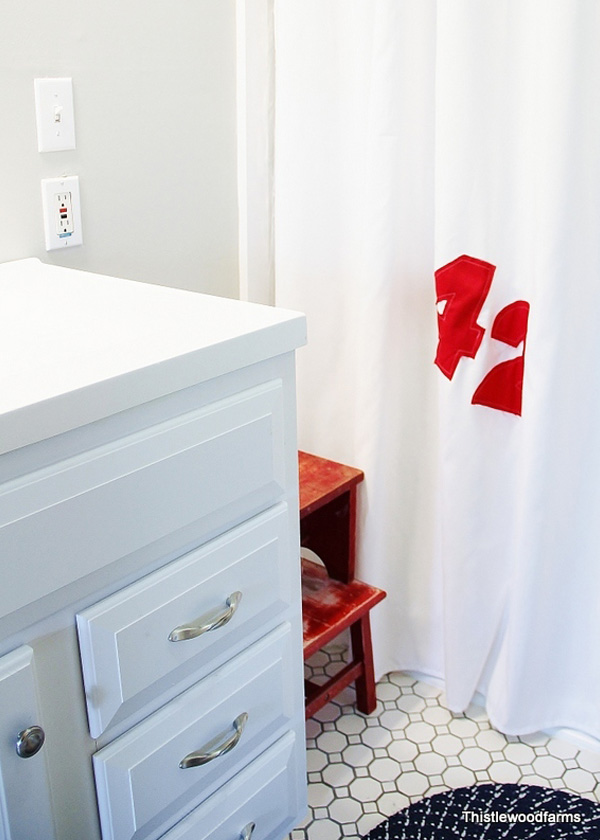 Red and white number shower curtain