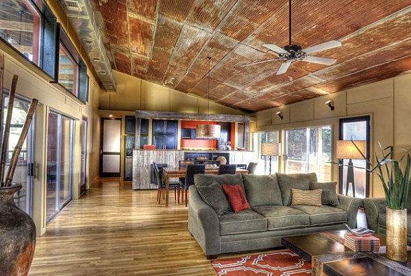 Salvaged ceiling panels in a modern home