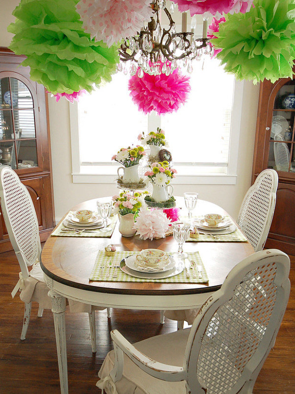 Spring party table with tissue poms