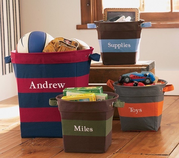 Striped monogramed canvas storage bins