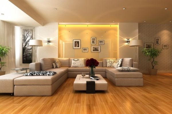 Stunning living room sports glossy surfaces and a golden hue