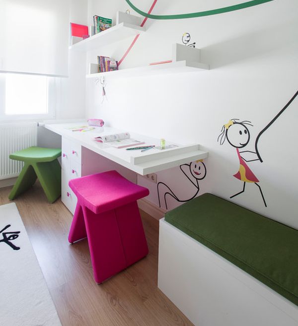 Stylish girls' desk design idea with lovely art work on the wall