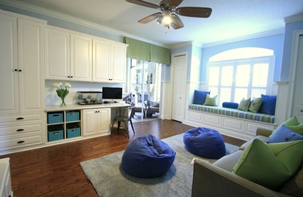 Traditional family room with kids' desk added in a seamless fashion