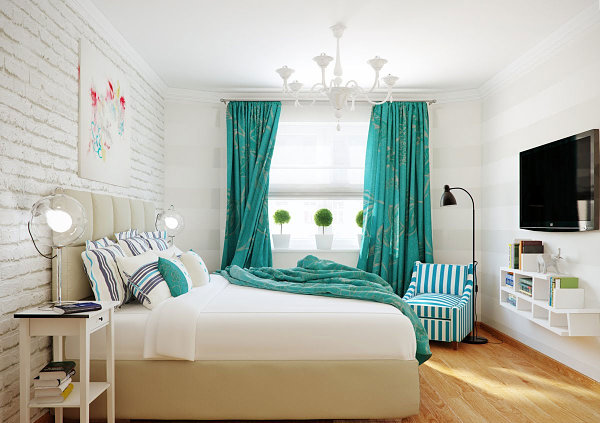 Turquoise accents in a modern eclectic bedroom