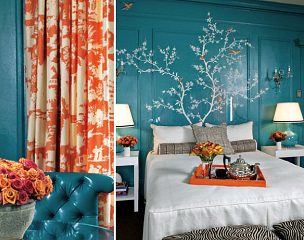 Turquoise and coral bedroom