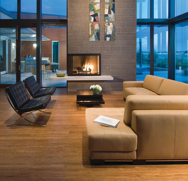 Two-sided fireplace perfect for this spacious living room with large glass enclosure