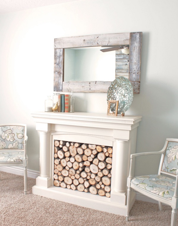 White log filled fireplace DIY