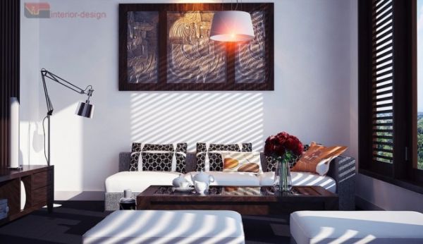 Wooden textures give this grey and white living room an Asian theme