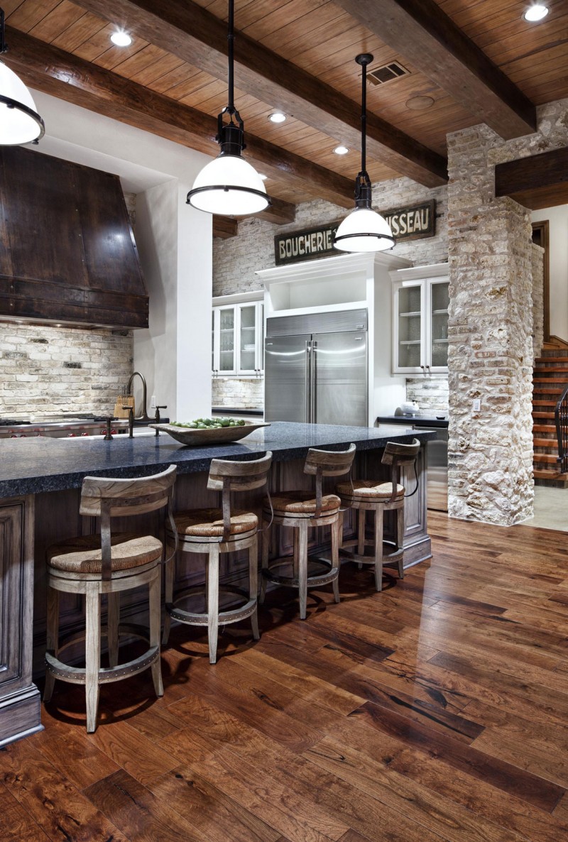 raw brick walls in the kitchen