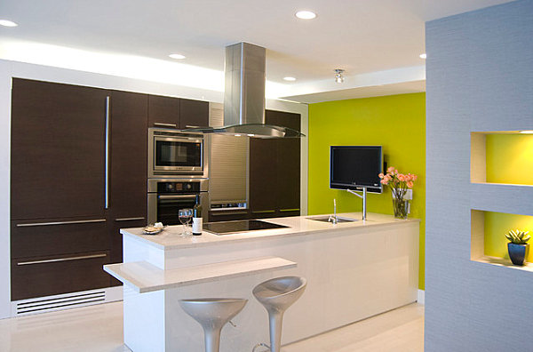 Acid yellow wall in a contemporary kitchen