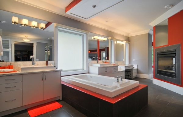 Bathroom in muted colors comes alive with a bold orange lining