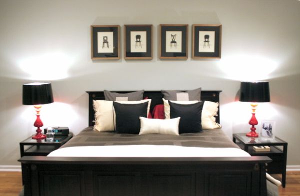 Bedroom in black and white with accents of red