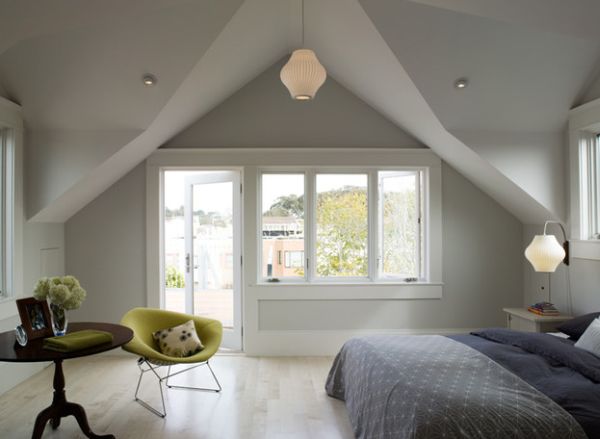 Bertoia Diamond lounge chair brings green to this bedroom in grey