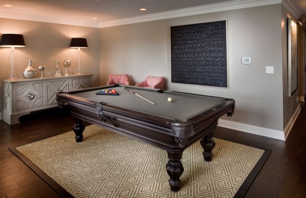 Billiards room sports beautiful lamps with black lampshades