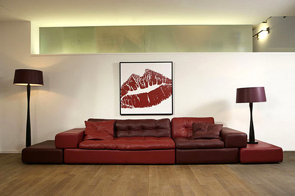 Bold red sofa and artwork