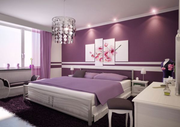 Contemporary bedroom in white with purple accents