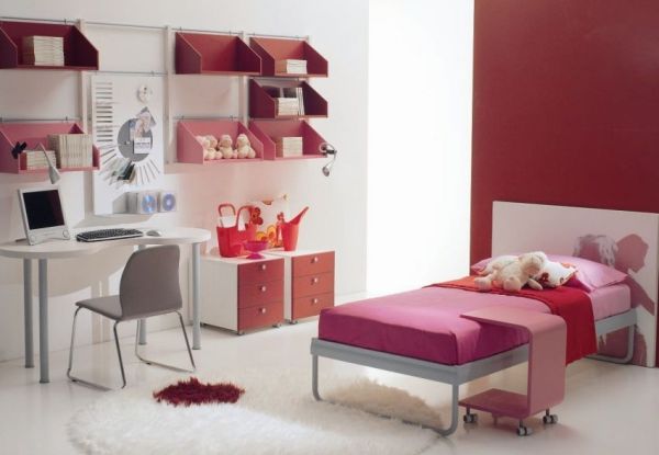 Contemporary girls' bedroom design idea in white, pink and red