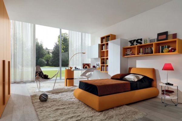 Contemporary kids' bedroom in white and orange