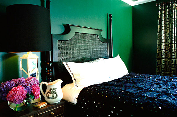 Deep emerald bedroom with jewel tones
