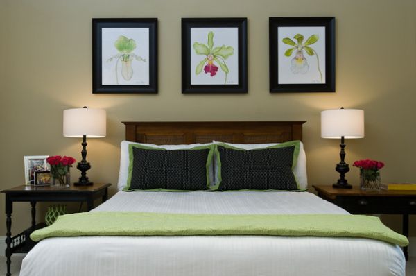 Delicate use of the light green shade in the bedroom